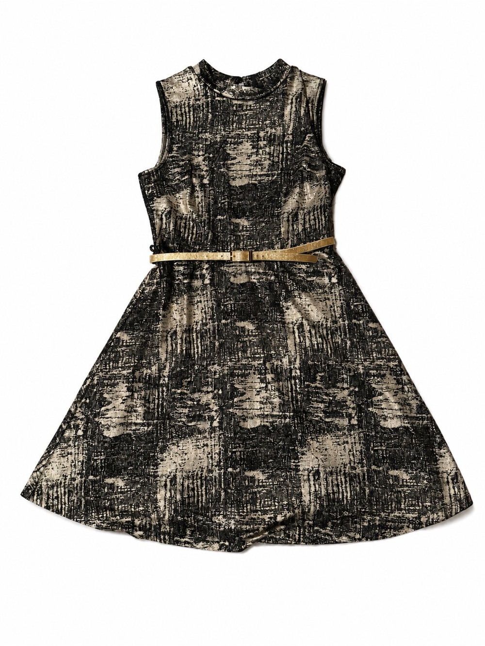 Sleeveless Black & Gold Textured Fit-and-Flare Formal Dress